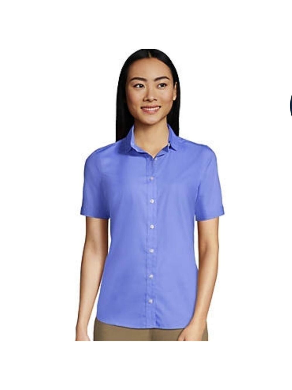 Lands' End Solid Blue Large Collar Short Sleeve Shirt